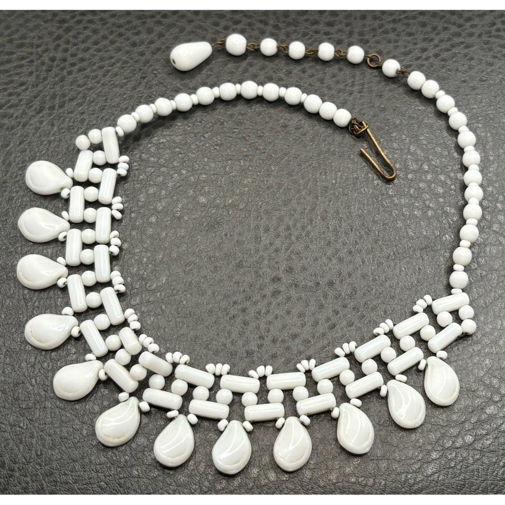 Vintage Beaded Necklace White Milk Glass Choker Hook Clasp 15"